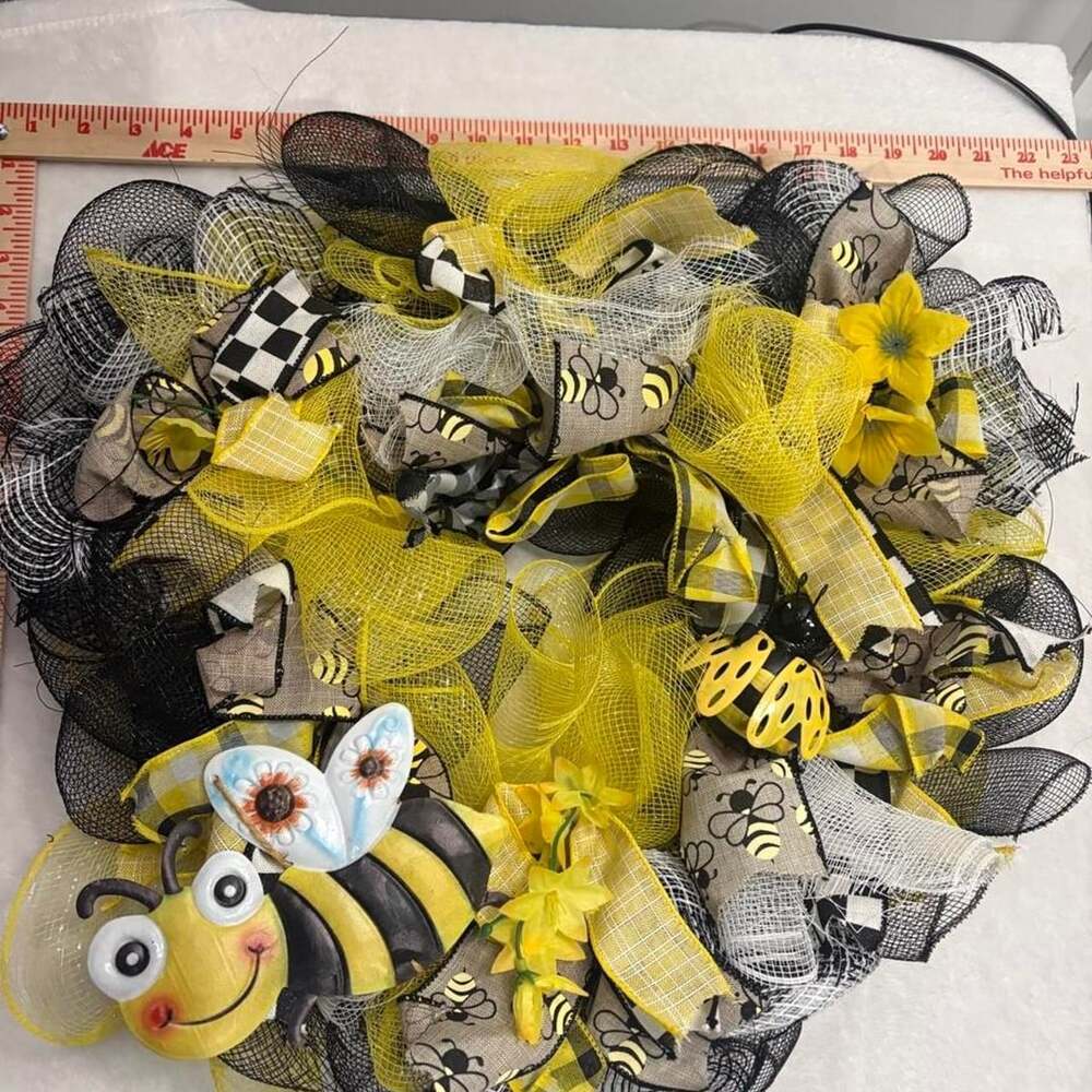 Handmade Bumblebee Mesh Wreath Yellow Black Honeycomb
